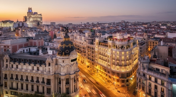 An image of Madrid, Spain as the sun set