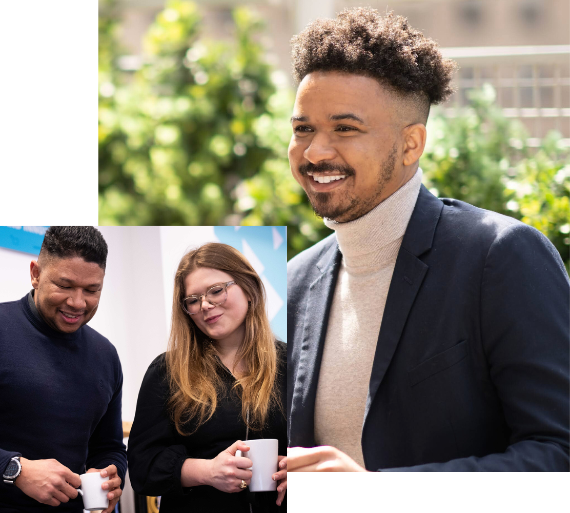 A large photo of a smiling young man outdoor. There is also a smaller image over it with a smiling adult man looking down and holding a mug next to a smiling younger adult woman holding a mug and looking down.